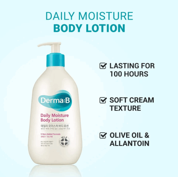 DERMA: B, DAILY MOISTURE BODY LOTION, ტანის დამატენიანებელი ლოსიონი პრობლემური კანისთვის, 400 ML - Image 3
