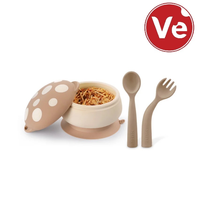 Haakaa - Mushroom სილიკონის ჯამი დრეკადი ჩანგლით/კოვზით - ნაკრები